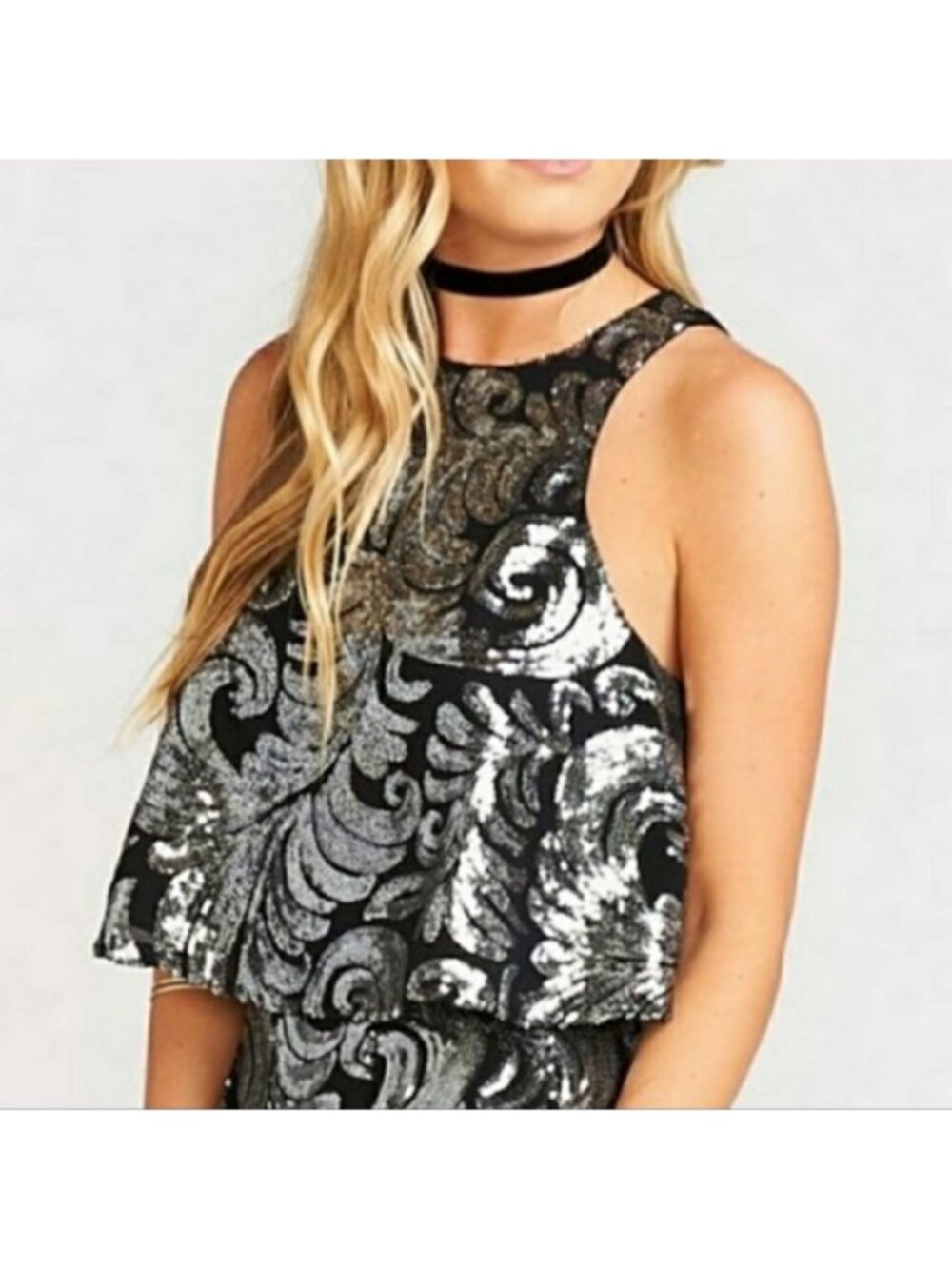 Show Me Your Mumu Silver & Black Sequin Crop Top Small Sleeveless Halter Blouse